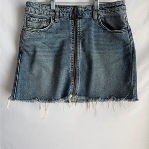 We The Free Blue Denim Mini Skirt with Frayed Hem